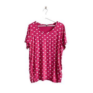 Lane Bryant Women's Polka Dot Ruched Short Sleeve Blouse Pink Silver Size 18/20